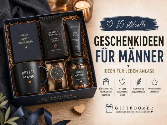 Elegantes Titelbild für Geschenkideen für Männer mit geöffneter dunkelblauer Geschenkbox, Armbanduhr, Notizbuch, Pflegeprodukt, Snack und Portemonnaie. Text im Bild: „Geschenke für Männer – 10 stilvolle Ideen für jeden Anlass“.