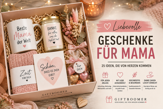 Liebevoll zusammengestellte Geschenkbox für Mama mit hochwertigen Geschenkideen von Giftboomer.
