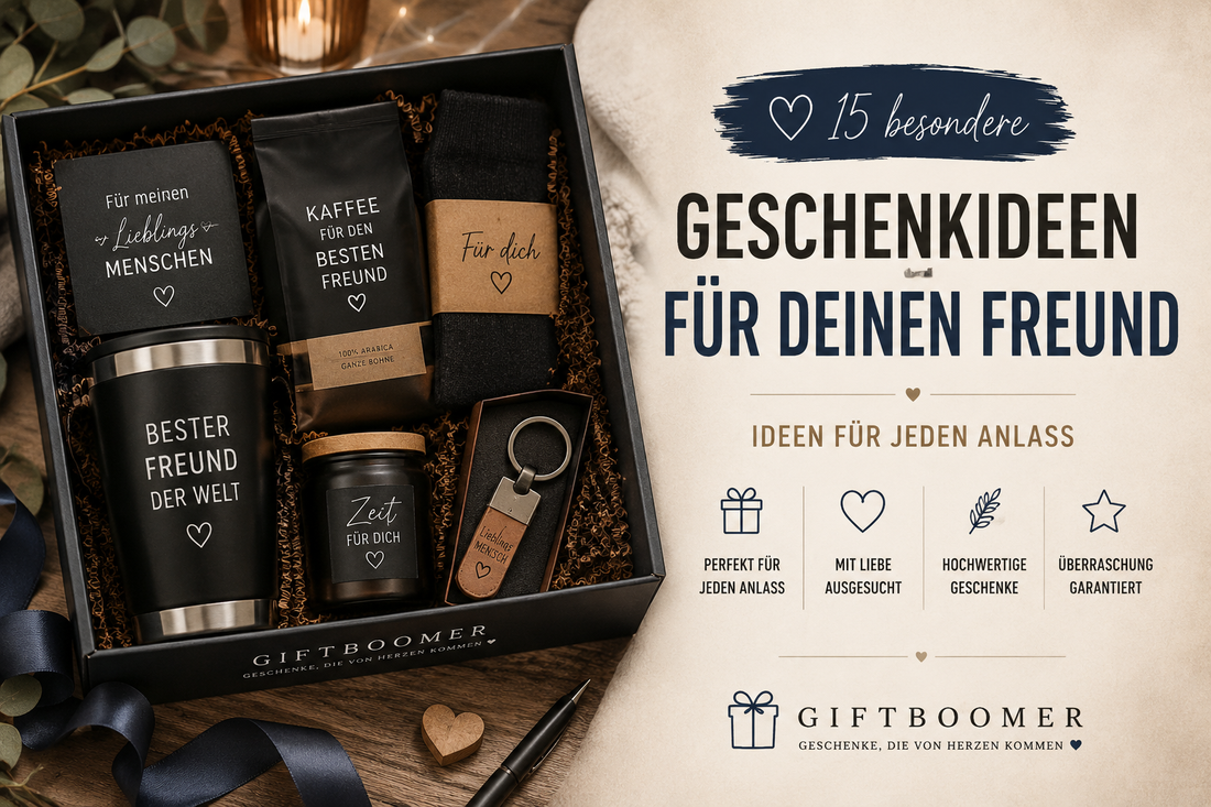 Geschenkideen für den Freund mit stilvoller Geschenkbox, Kaffee, Thermobecher und persönlichen Geschenkideen von Giftboomer.