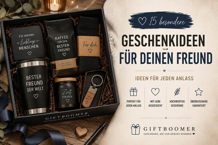 Geschenkideen für den Freund mit stilvoller Geschenkbox, Kaffee, Thermobecher und persönlichen Geschenkideen von Giftboomer.