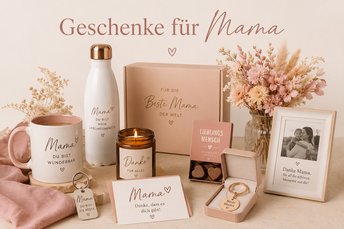 Liebevoll arrangierte Geschenke für Mama mit personalisierter Tasse, Trinkflasche, Kerze, Fotogeschenk, Schlüsselanhänger, Schokolade und Geschenkbox