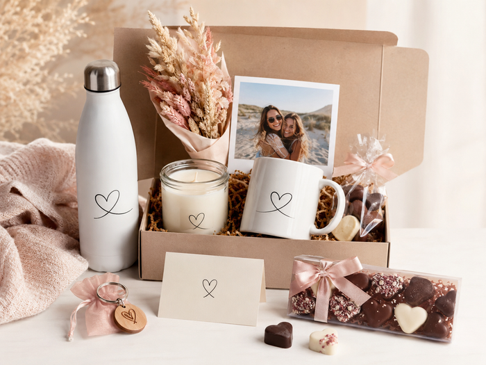 Liebevoll zusammengestellte Geschenke für Frauen mit personalisierter Tasse, Trinkflasche, Kerze, Fotogeschenk, Schlüsselanhänger und süßen Überraschungen.