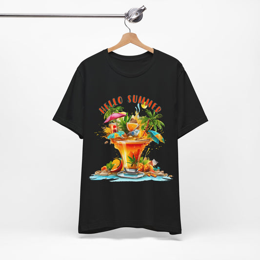 Hello Summer T-Shirt – Schwarzes Sommer-Shirt mit Tropical Cocktail Print – Unisex Beachwear Look