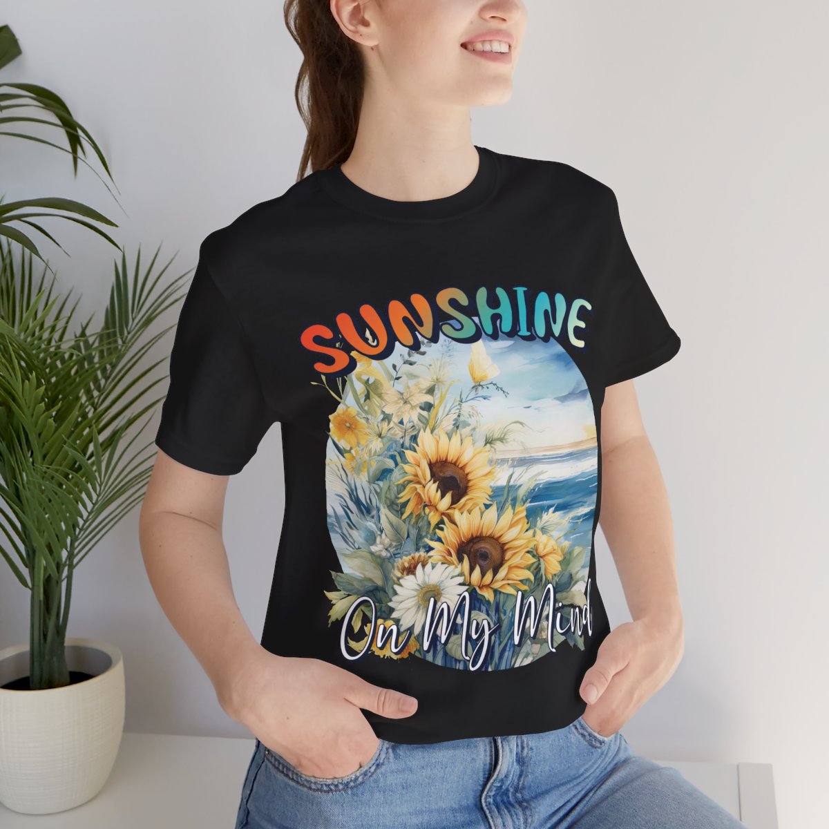 Sunshine on My Mind T-Shirt – Sommerliches Shirt mit Sonnenblumen & Strandmotiv | Unisex Shirt in Weiß, Schwarz oder Natur