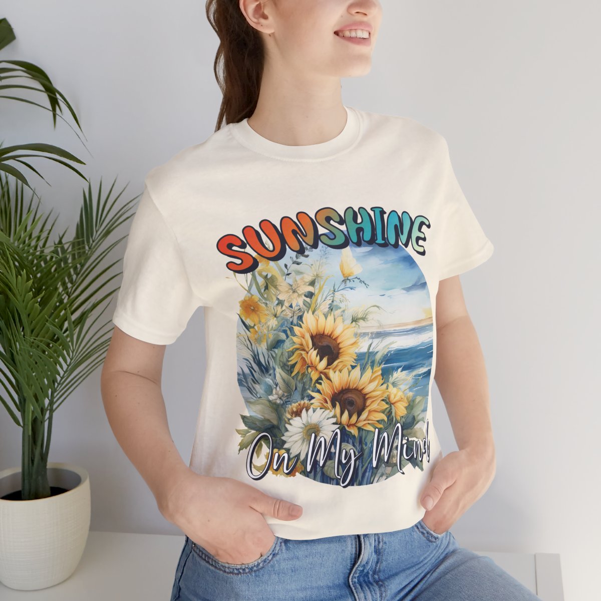 Sunshine on My Mind T-Shirt – Sommerliches Shirt mit Sonnenblumen & Strandmotiv | Unisex Shirt in Weiß, Schwarz oder Natur