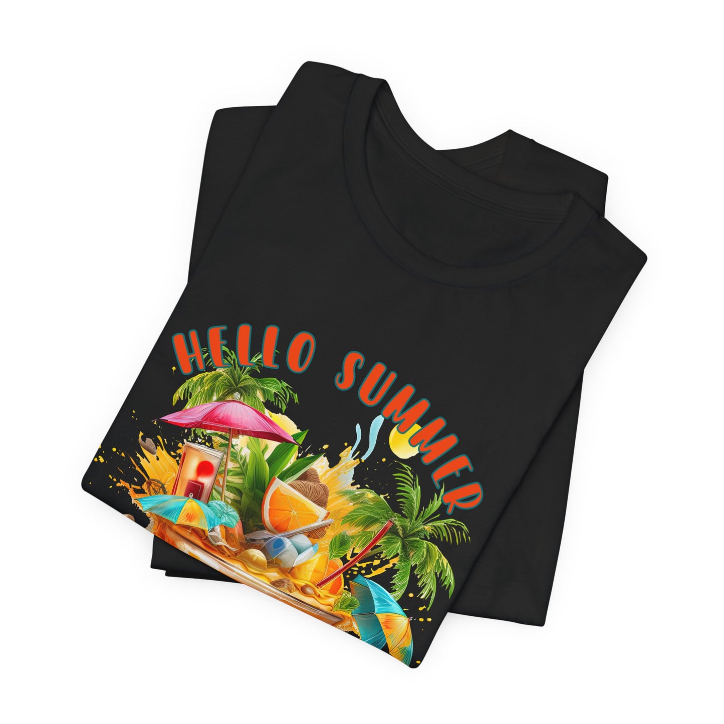 Hello Summer T-Shirt – Schwarzes Sommer-Shirt mit Tropical Cocktail Print – Unisex Beachwear Look
