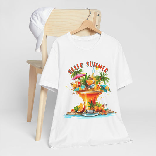 Hello Summer T-Shirt – Sommerliches Cocktail-Shirt mit Palmen & Strandfeeling – Unisex