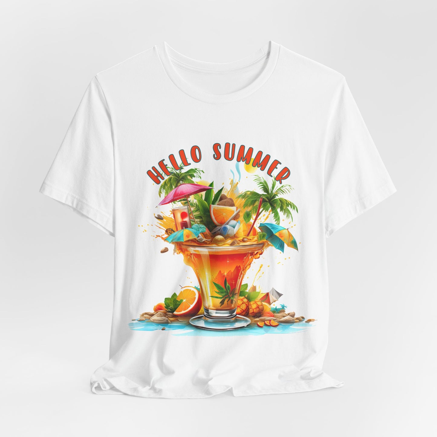 Hello Summer T-Shirt – Sommerliches Cocktail-Shirt mit Palmen & Strandfeeling – Unisex