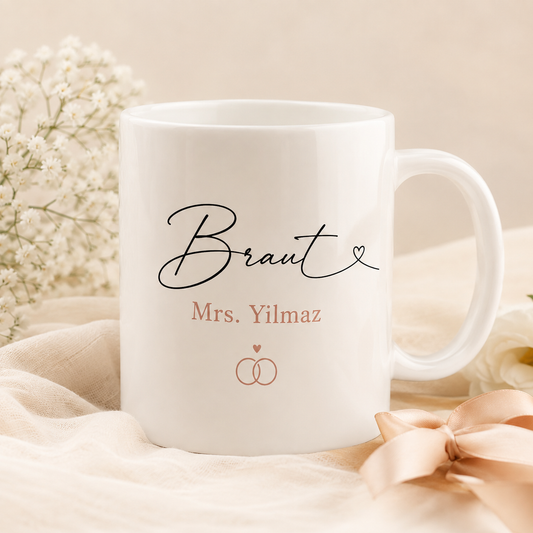 keramik tasse mit text braut und personalisierung