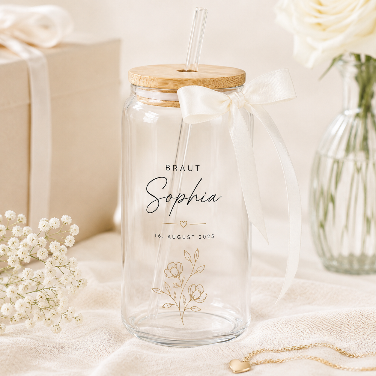 Glas trinkbecher mit STrohhalm als geschenk zur hochzeit oder JGA