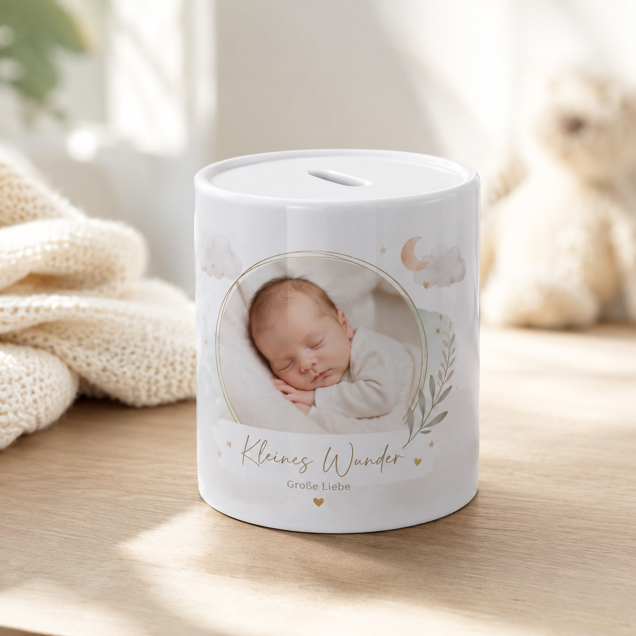 Personalisierte Baby-Spardose mit Foto & Geburtsdaten