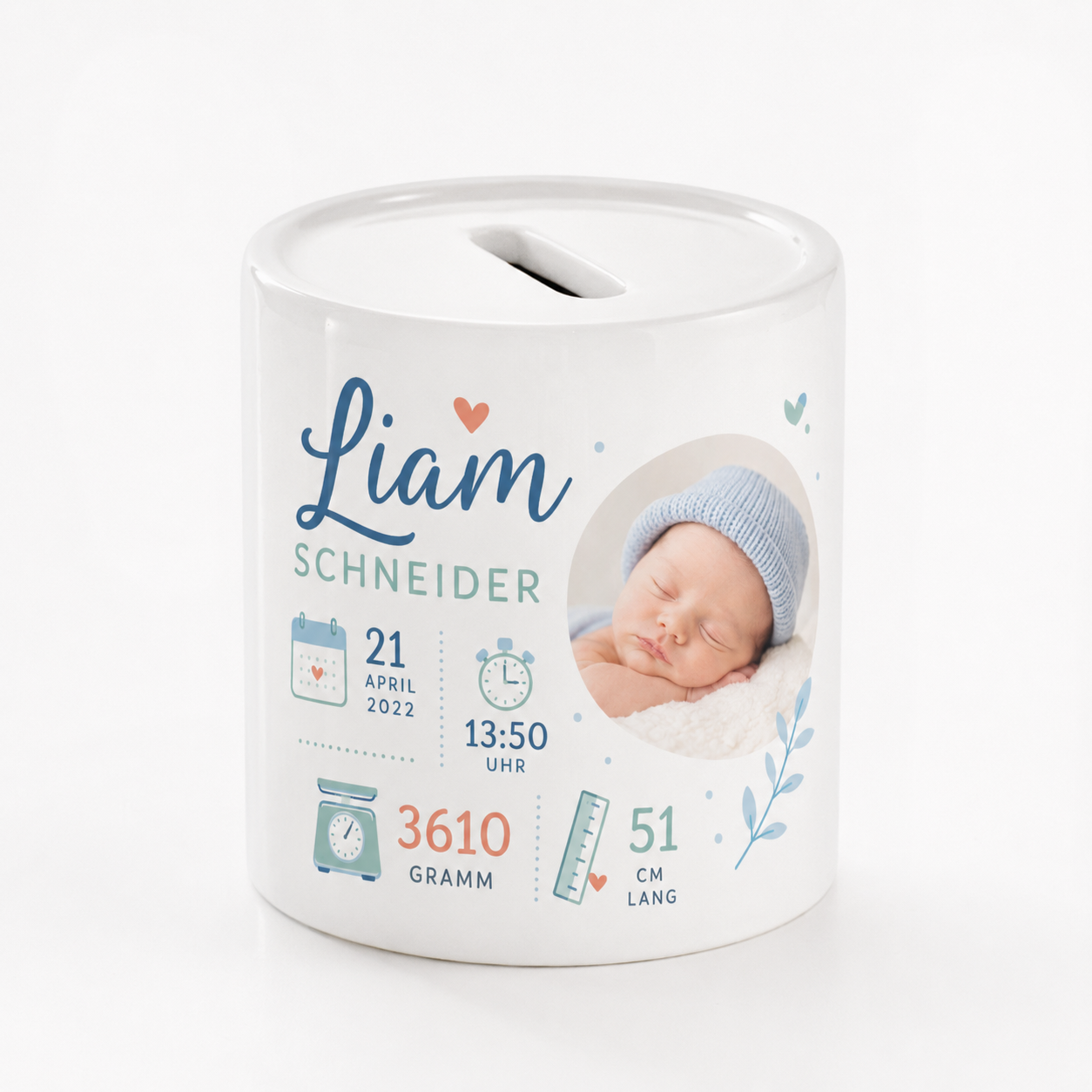 Personalisierte Baby-Spardose mit Foto & Geburtsdaten