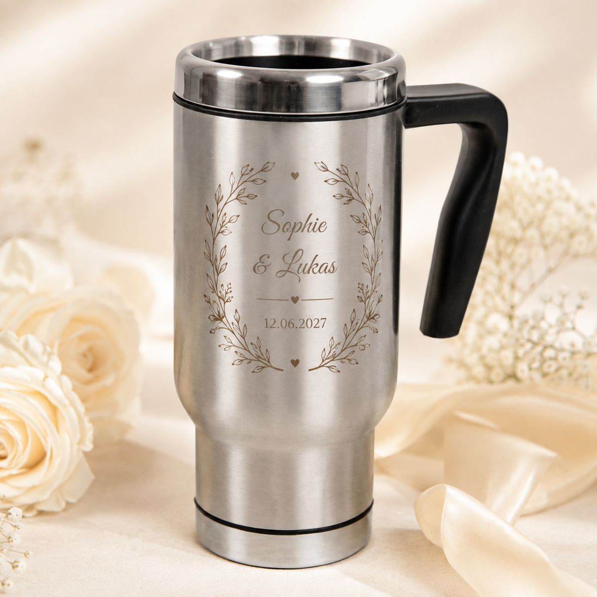 Personalisierter Edelstahl-Thermobecher – Geschenk zur Hochzeit