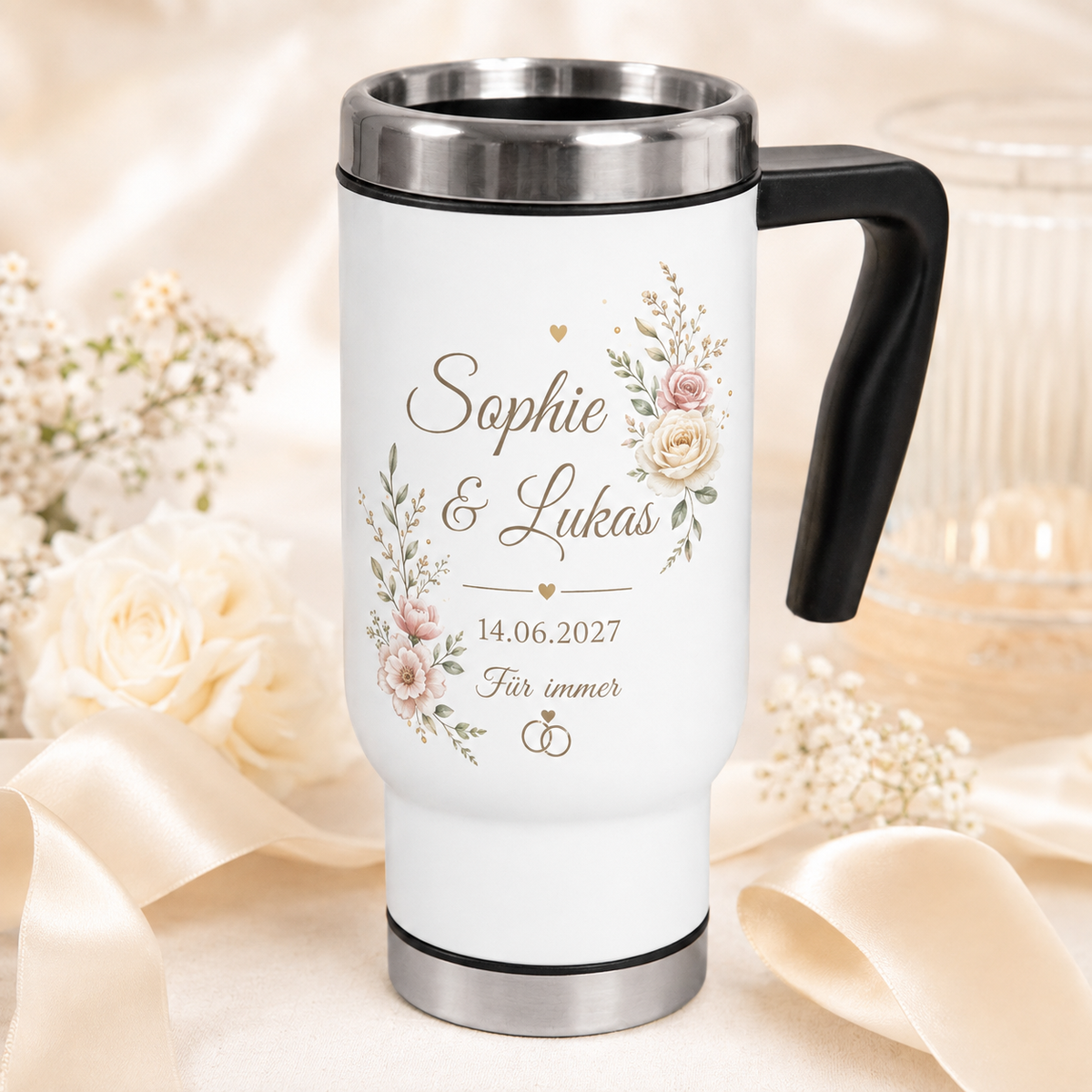 Personalisierter Edelstahl-Thermobecher – Geschenk zur Hochzeit