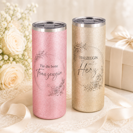 SparkleCup Glitzer-Thermobecher personalisiert – Geschenk für Braut & Trauzeugin