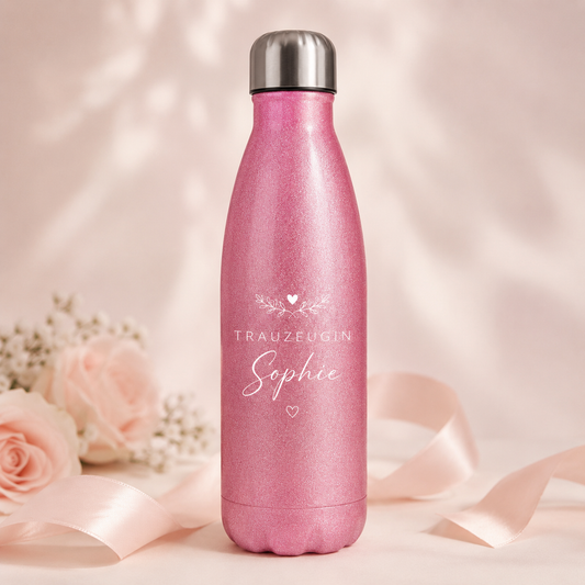 Glitzer-Thermobecher personalisiert – Geschenk für Braut & Trauzeugin