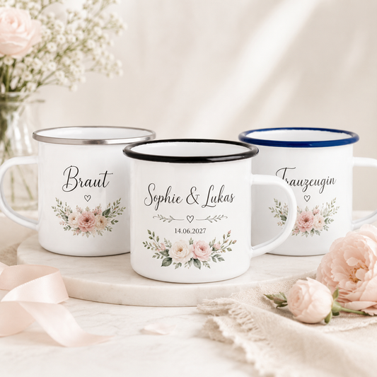 Personalisierte Emaille-Tasse – Individuelles Hochzeitsgeschenk