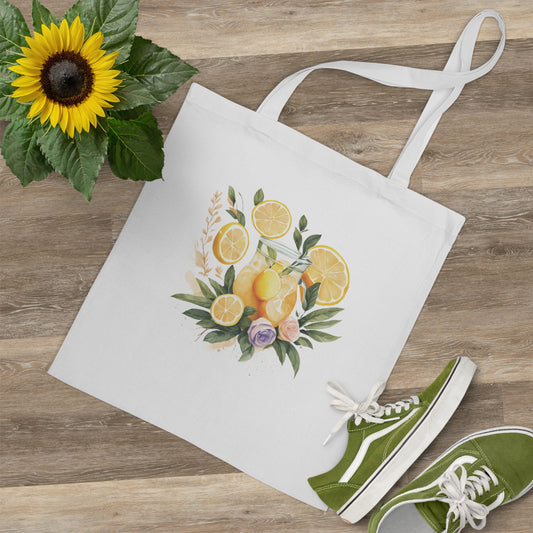 Stofftasche mit Zitronen-Print & Blumen – Sommerliche Einkaufstasche aus Baumwolle