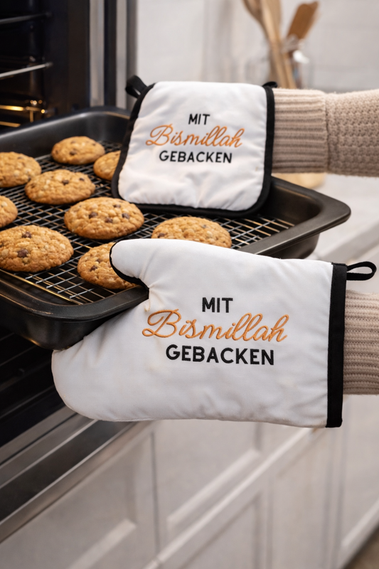 Ofenhandschuh Set „Mit Bismillah gebacken“ | Islamisches Küchen Geschenk | Muslim Geschenk Idee