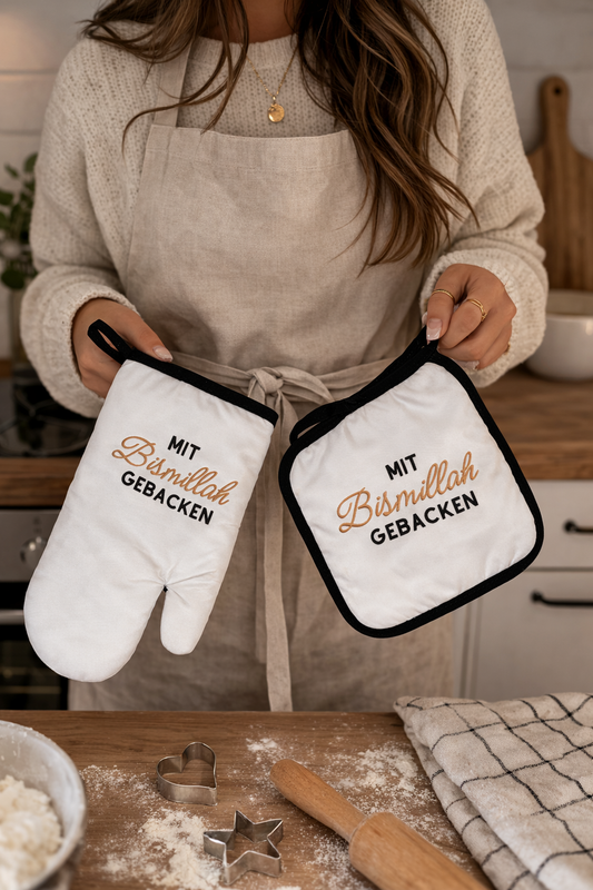 Ofenhandschuh Set „Mit Bismillah gebacken“ | Islamisches Küchen Geschenk | Muslim Geschenk Idee