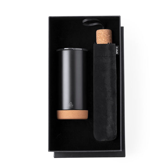 Premium Geschenkset mit Edelstahl-Thermobecher & Regenschirm mit Korkgriff – Schwarz – Minimalistisches Geschenk für Männer & Frauen