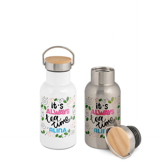 Edelstahl-Thermoflasche mit Bambusdeckel – personalisierbar