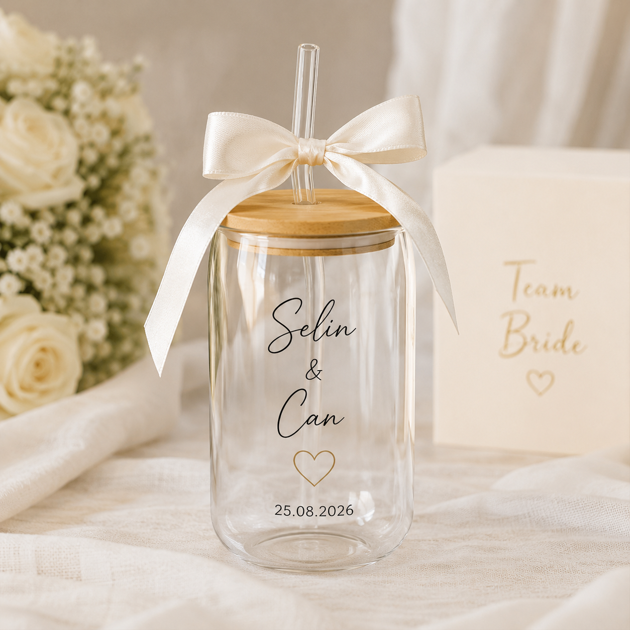 Glas Trinkbecher personalisiert mit Name  Braut Bräutigam ; JGA, Hochzeitsgeschenk