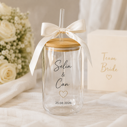 Glas Trinkbecher personalisiert mit Name  Braut Bräutigam ; JGA, Hochzeitsgeschenk