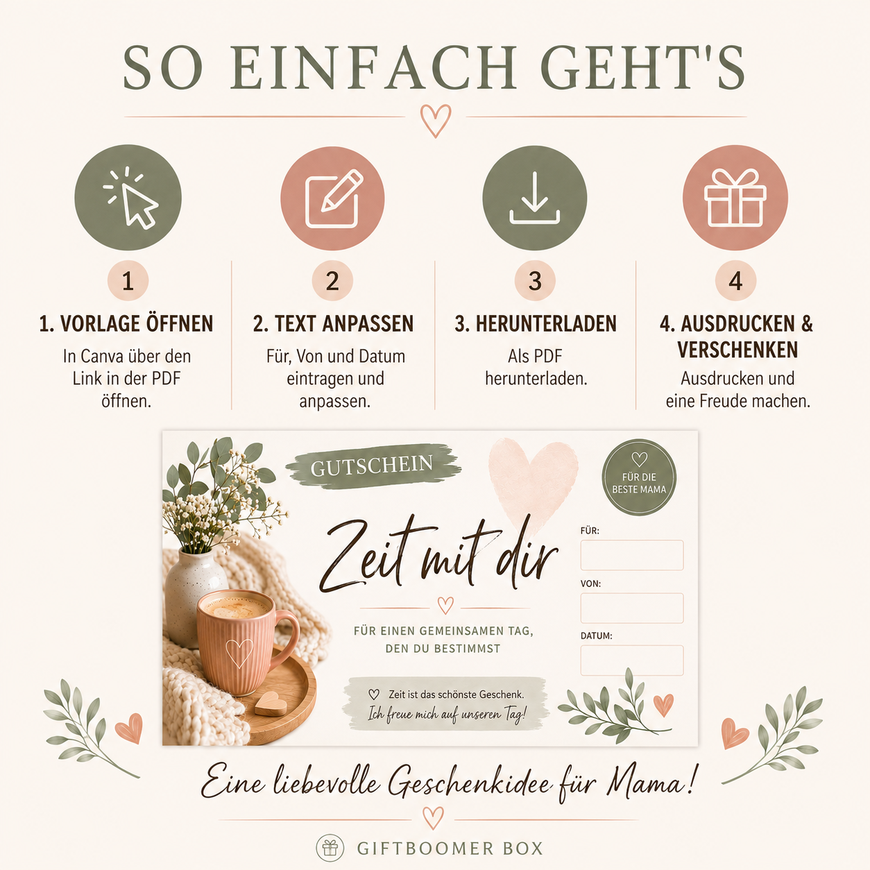 Gutschein für Mama – Zeit mit dir | Editierbare Canva-Vorlage & PDF