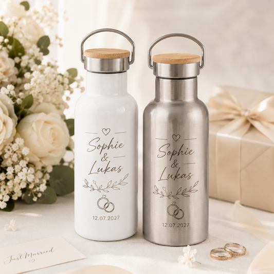 bambus thermosflasche personalisiert name brautpaar