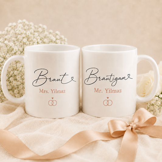 Personalisierte Braut und Bräutigam Tasse mit Name 2er Set – Geschenk zur Hochzeit