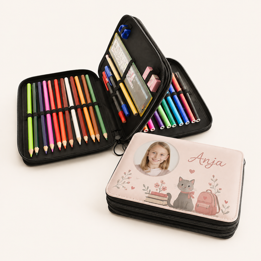 Personalisiertes Federmäppchen mit Name & Foto – 3-Fach-Etui mit Inhalt