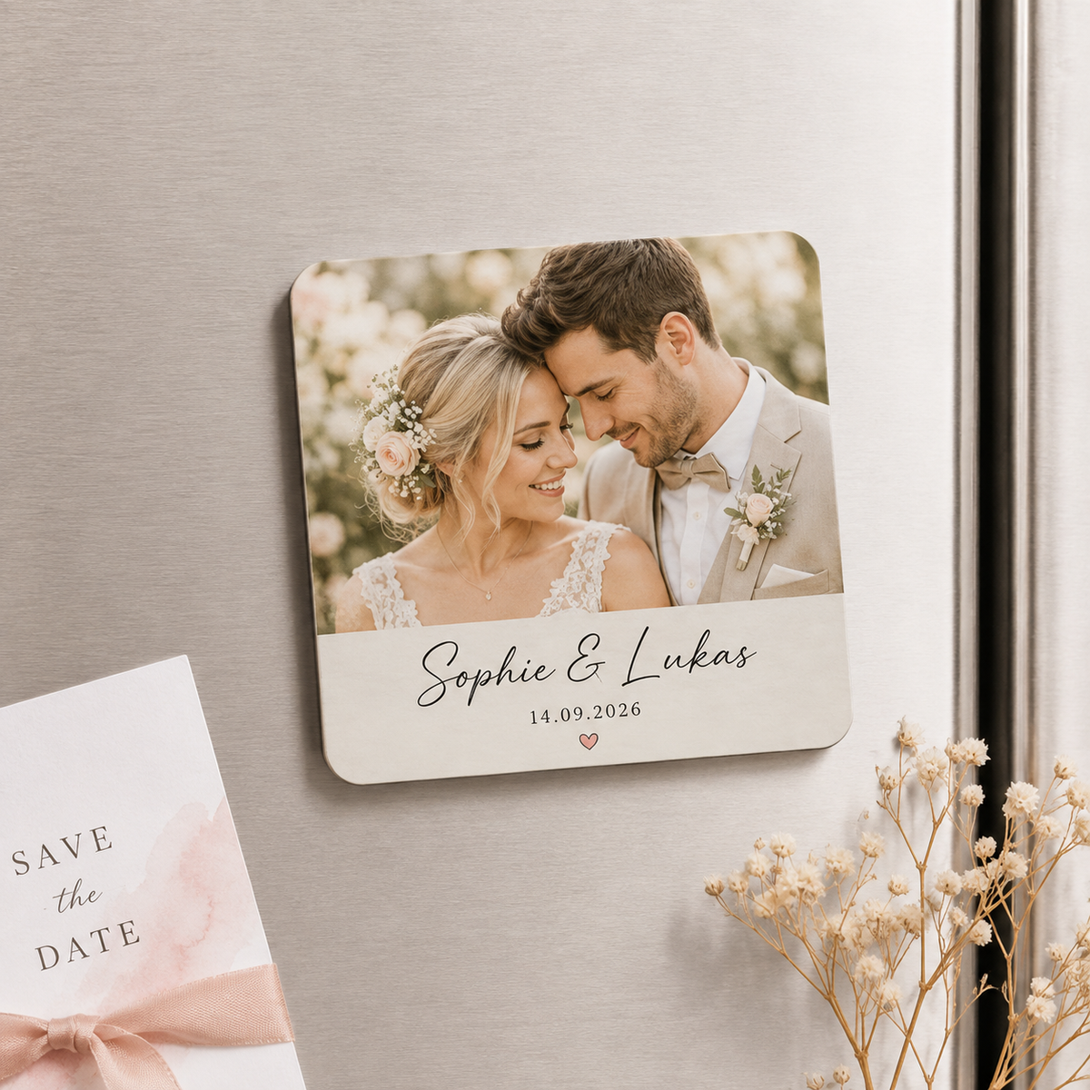 fotomagnet gastgeschenk hochzeitgeschenk  brautpaar foto und name