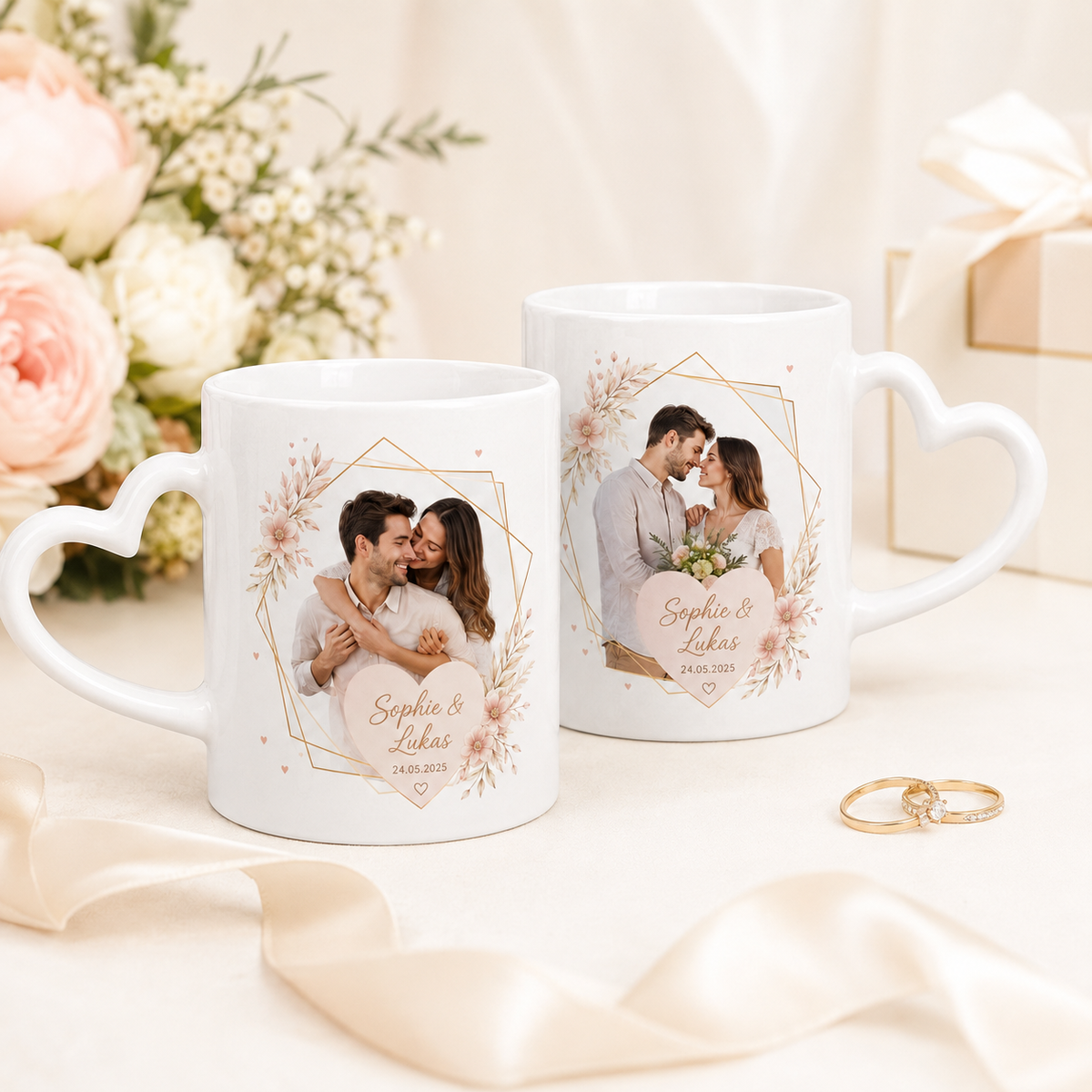 pärchen tasse aus keramik mit foto und name personalisiert, hochzeit, braut bräutigam