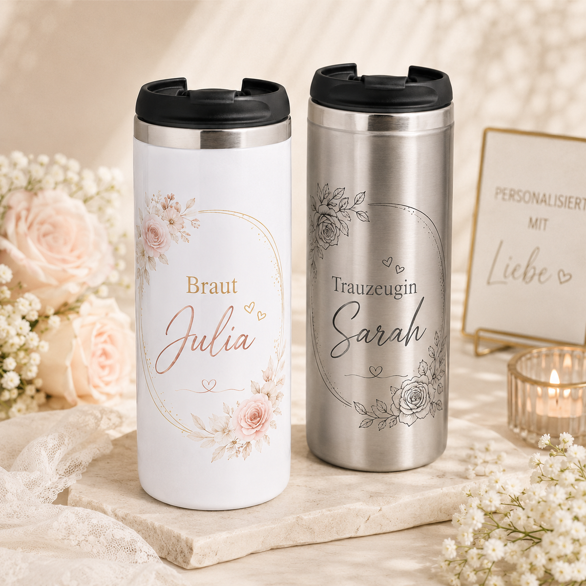 edelstahl thermobecher mit name personalisiert hochzeit braut JGA trauzeugin